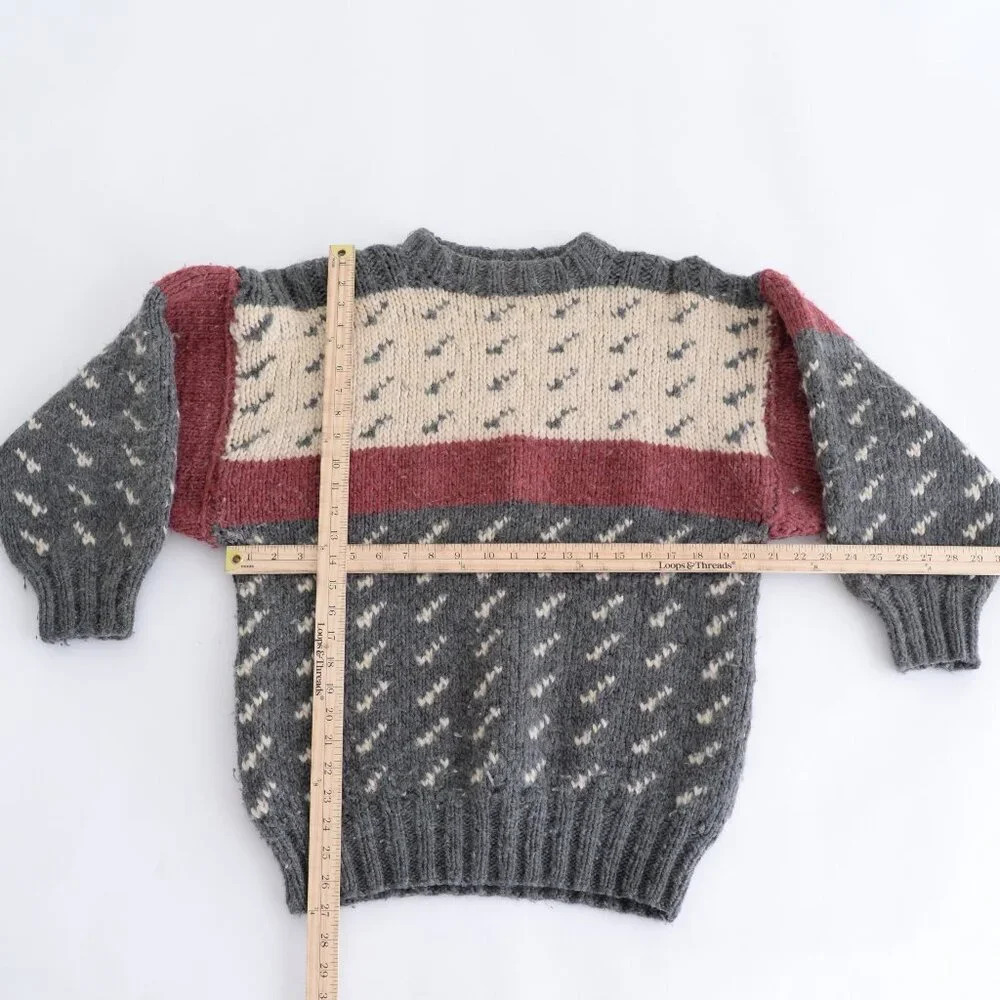 Handmade Unisex Cream And Gray Wool Crew Neck Sweater - Picture 2 of 9